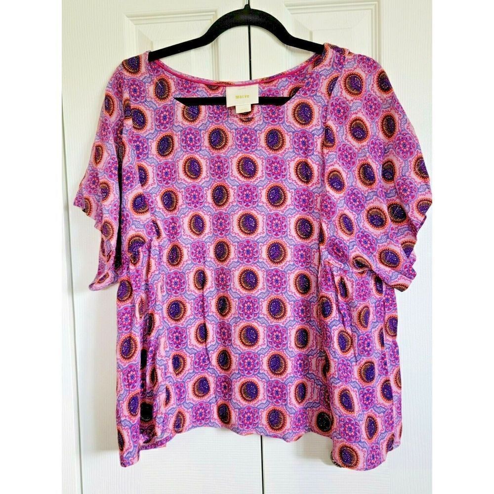 Maeve Anthropologie $98 Milla Medallion‎ Top Shirt Size Large Purple Pink Blouse